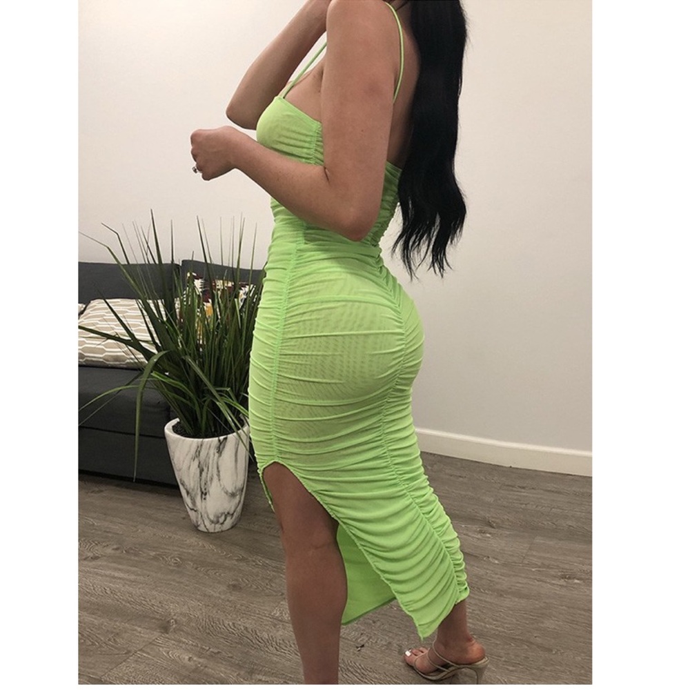 Neon Lime Strappy Mesh Ruched Midi Side Slit Dress - Picture 2 of 5